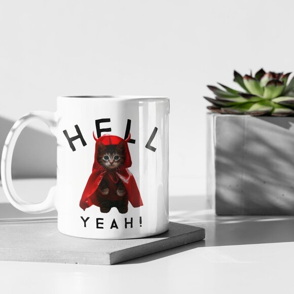 Handmade Hell Yeah Devilish Kitten White 12 OZ Coffee Tea Mug - Picture 1 of 1